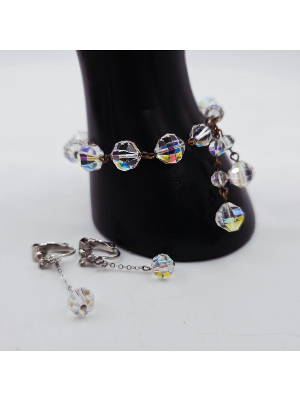 Crystal Iridescent Bead Bracelet & Clip-On Earrings Aurora Borealis MCM 1950s